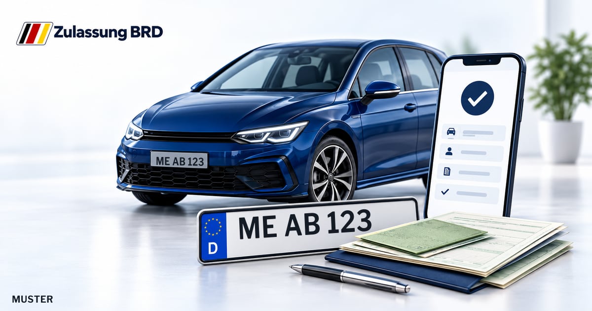 Online Fahrzeugzulassung in Landkreis Mettmann: Musterkennzeichen ME AB 123, Auto und Fahrzeugpapiere und Smartphone. Illustration mit Logo von Zulassung BRD.